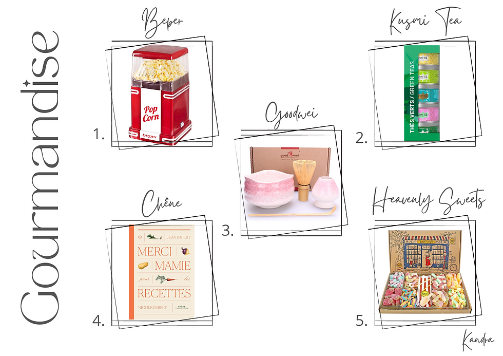 Notre sélection de 5 idées cadeaux de Noël pour les gourmands (machine à pop-corn, coffret de thé, set pour matcha, livre, boîte de bonbons).