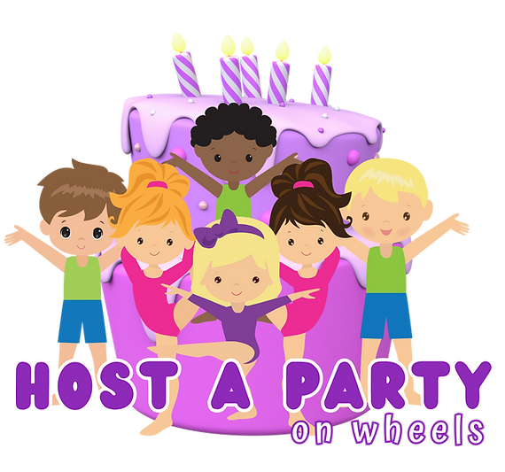 Birthday cake with young gymnasts and purple bubble words spelling out 'Host A Party on Wheels'