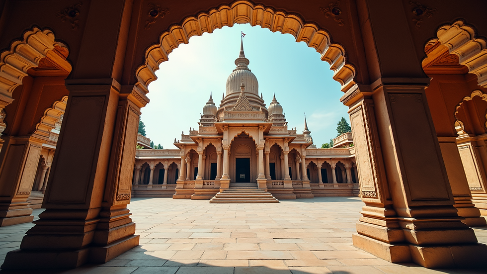 Eye-level view of a stunning temple adorned with intricate carvings