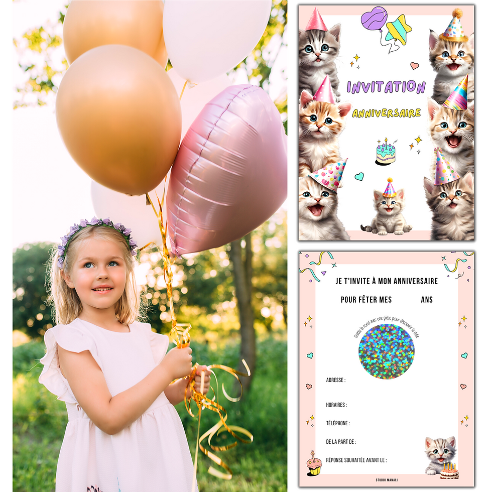 Miniature : cartes invitation anniversaire fille et garçon à gratter - thème chats