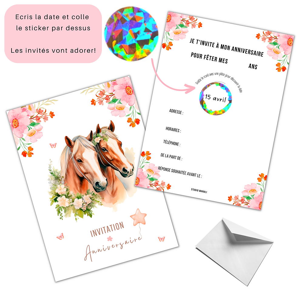 cartes invitation anniversaire fille et garçon à gratter - thème cheval