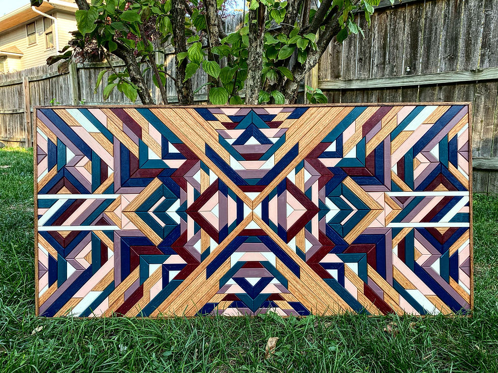 Multi color wood mosaic on red oak