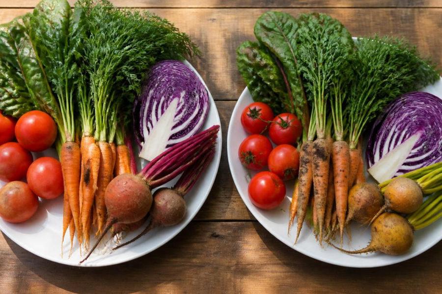 Fresh organic and conventional produce arranged on a wooden table for organic plant-based nutrition.