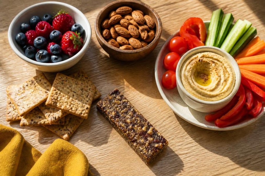 Overhead flat-lay arrangement of healthy snacks including fresh berries, almonds in a wooden bowl, sliced vegetables with hummus, whole grain crackers, and a plant-based nutrition bar on a light wooden table with natural morning sunlight