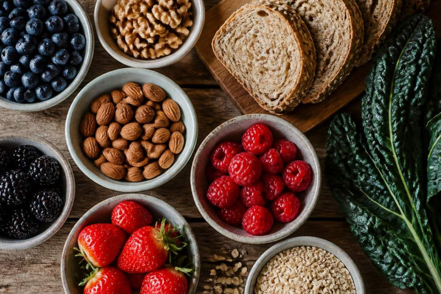 Overhead flat-lay of colorful antioxidant-rich foods including fresh berries, almonds, walnuts, whole grain bread, and dark leafy greens arranged on a wooden surface with natural light