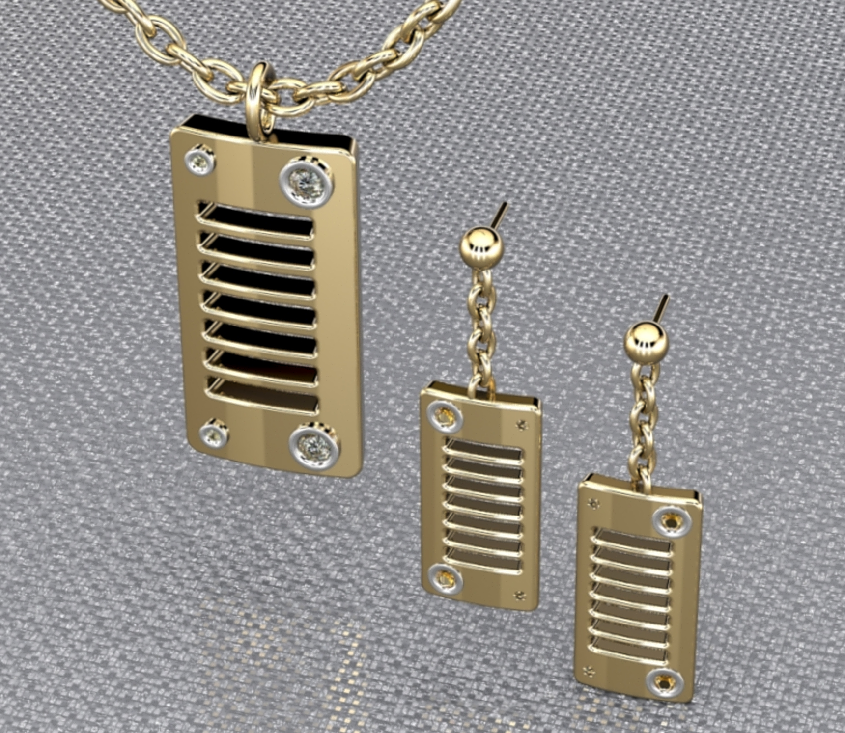 Jeep pendant with matching earrings.