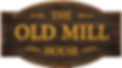 old rustic wooden logo that read _The Old Mill House_. Yellow or gold letters. picture of