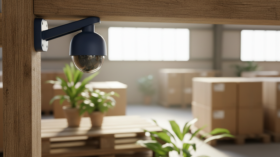 Close-up of security camera installed in a commercial warehouse