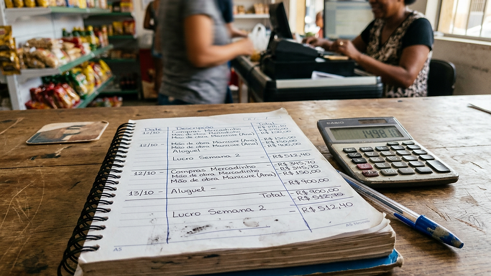 Close-up view of a notebook with handwritten financial notes and a calculator