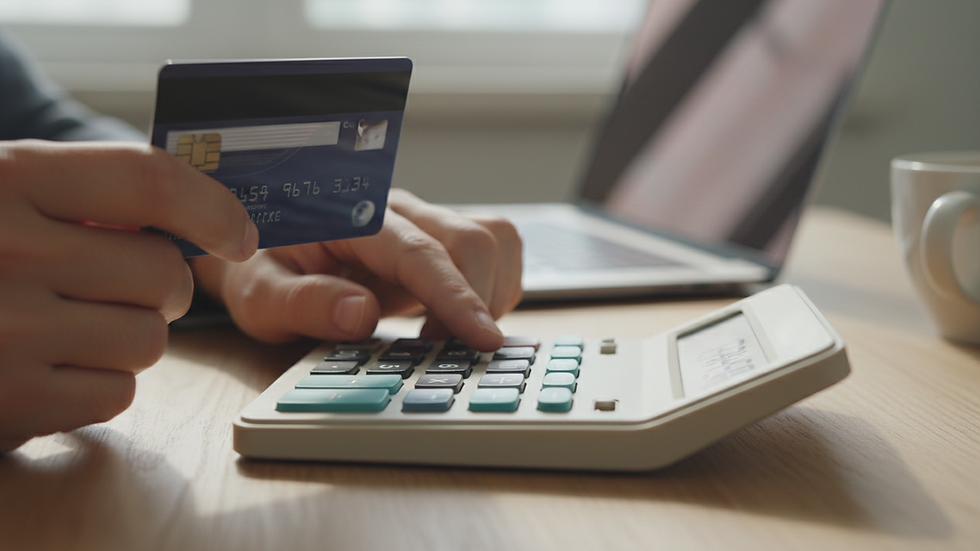 Close-up view of a credit card and a calculator on a wooden table