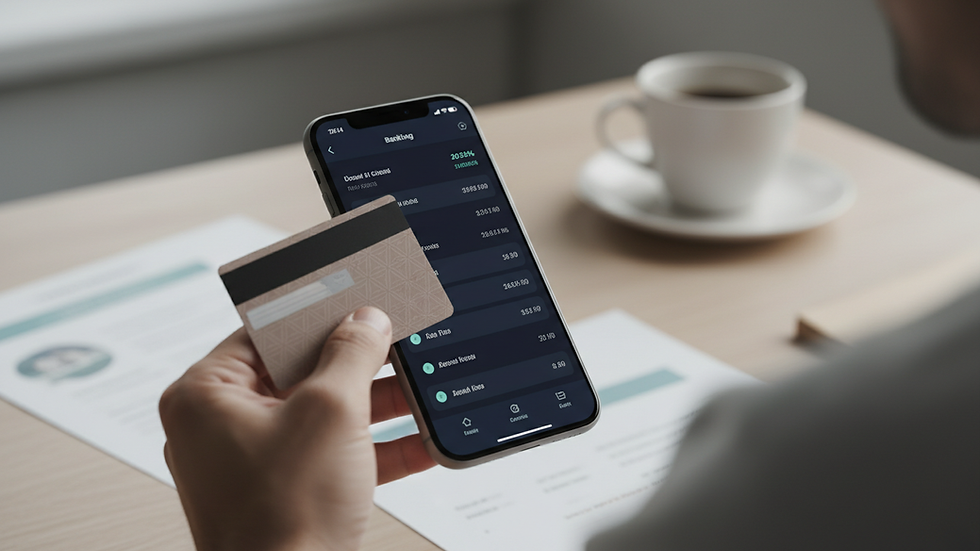 Eye-level view of a person holding a credit card and a smartphone showing a banking app