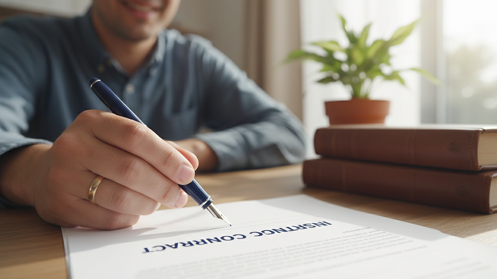 Close-up view of a hand holding a pen signing an insurance contract