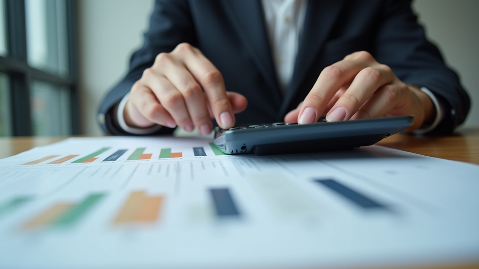 Close-up view of a person analyzing financial documents with a calculator