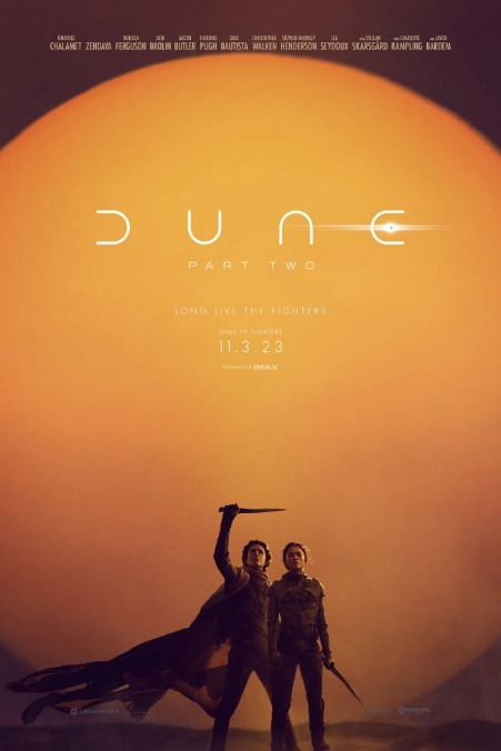 Official movie poster for Dune: Part Two featuring the primary characters and desert sun.