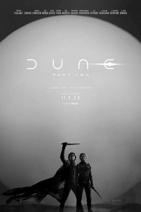 Official movie poster for Dune: Part Two featuring the primary characters and desert sun.