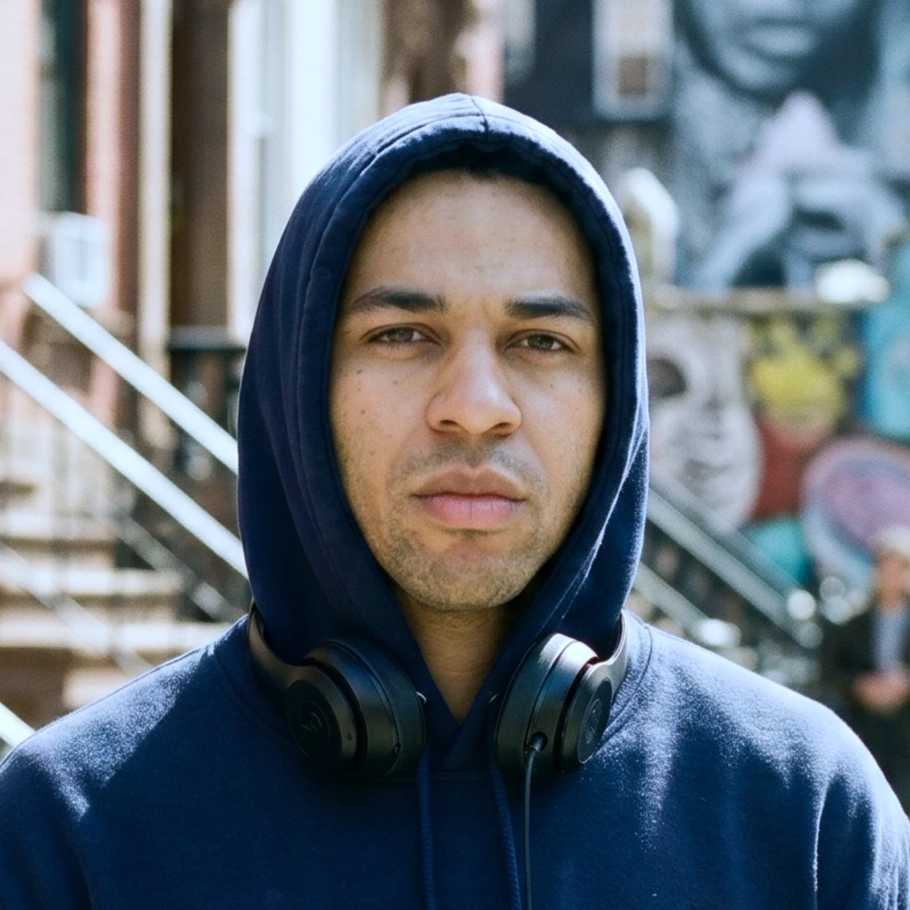 Power Producer mentee Danny J wearing a blue hoodie and headphones in an urban residential neighbourhood.