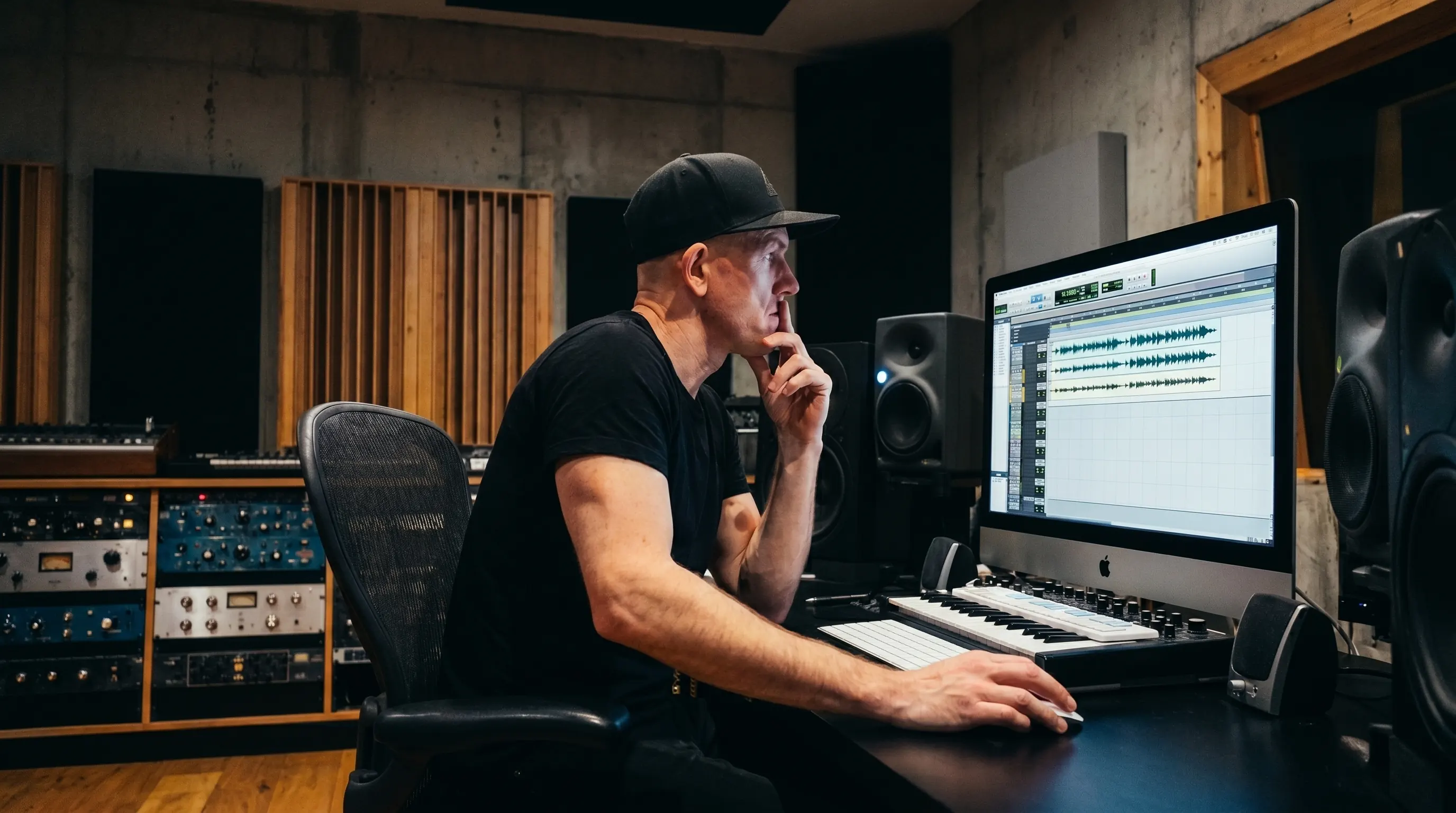 Power Producer founder Samuel John mixing music in a professional studio with an iMac, outboard gear and Neumann monitors.