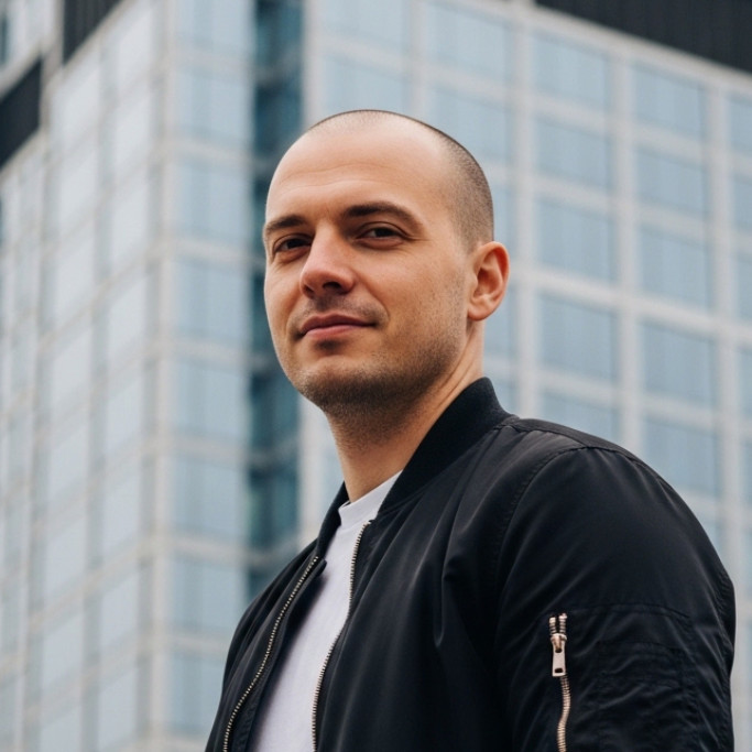Power Producer mentee Jimmy B wearing a black jacket in front of a glass skyscraper in a modern urban setting.