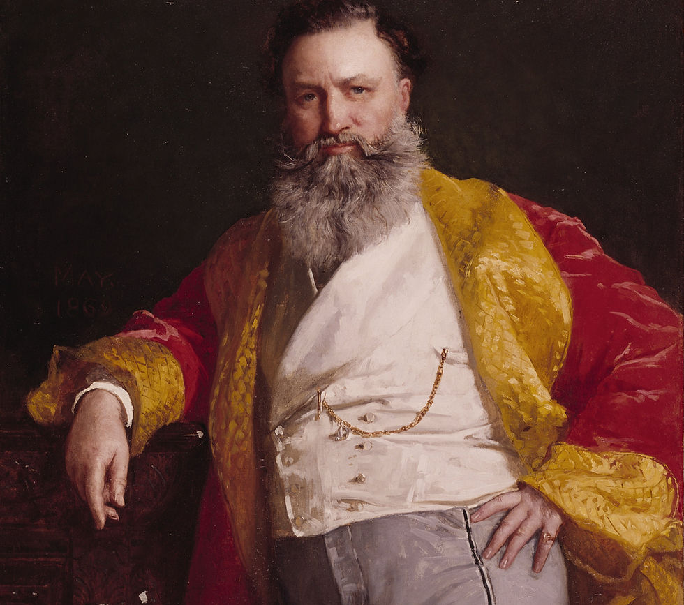 American inventor Isaac Singer wearing a yellow and red overcoat