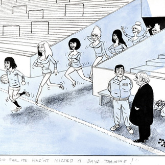 Cartoon of George Best running on to the pitch