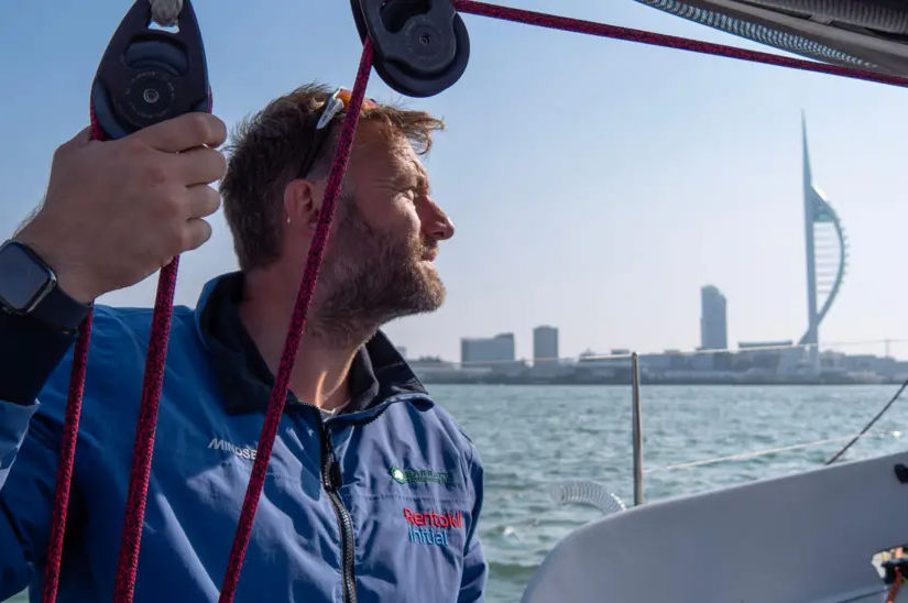 James Ketchell aboard his 40-foot yacht, Mindset, sailing past Dubai