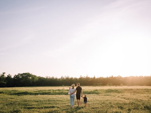 Parents with two young children walking across a meadow at sunset