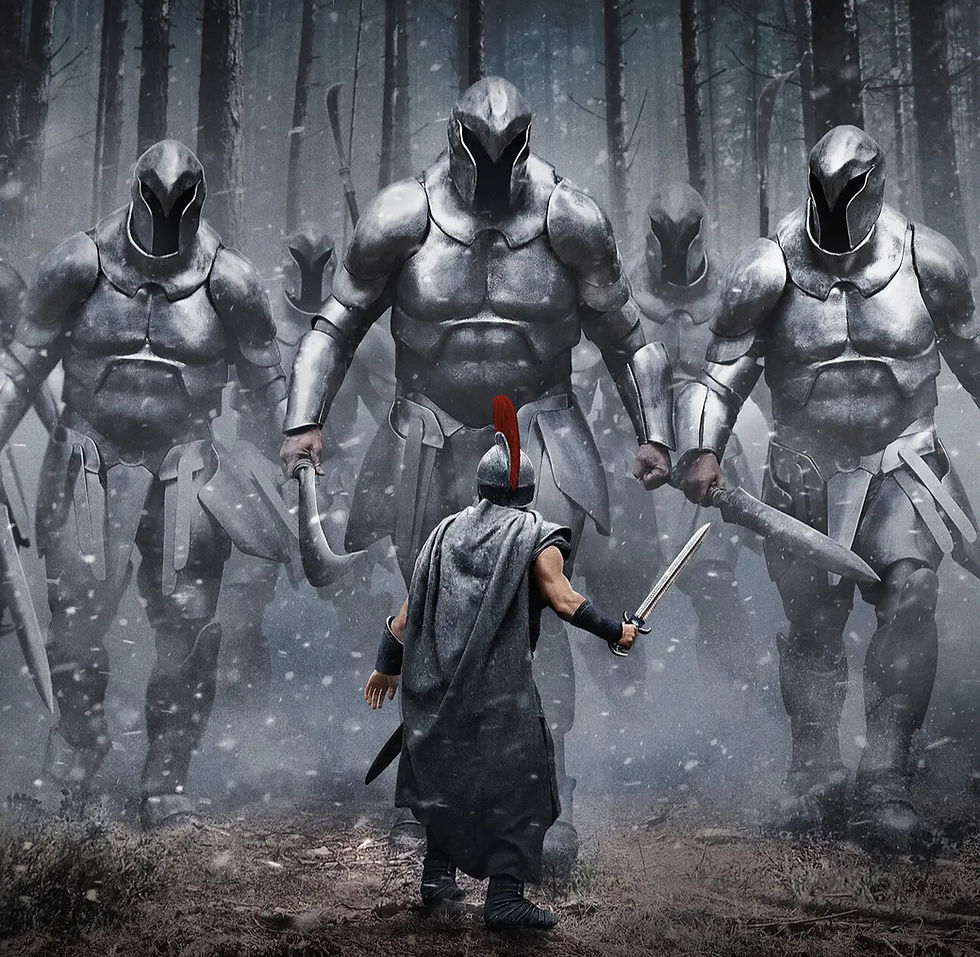Devyn Dalton facing seven-foot-tall stuntmen playing the Laestrygonians