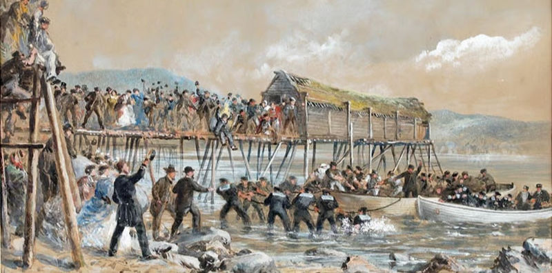 Painting of the first transatlantic telegraph cable coming ashore at Heart's Content, Newfoundland