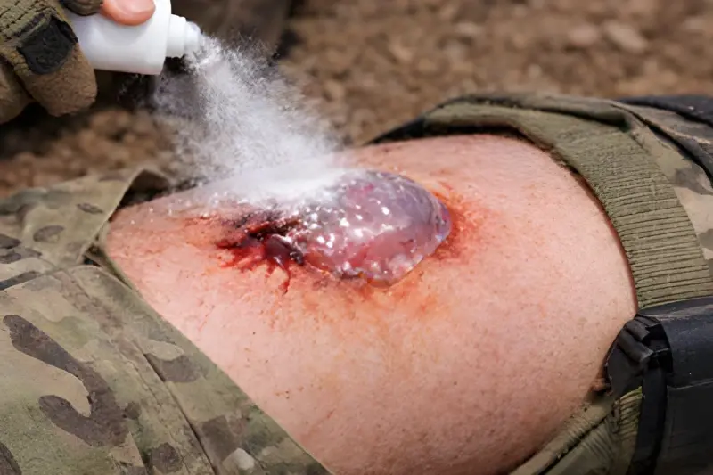 a spray-on powder that turns into a wound-conforming gel when it comes in contact with blood