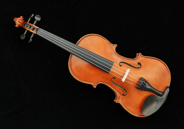 Beautiful wooden violin set against a black background