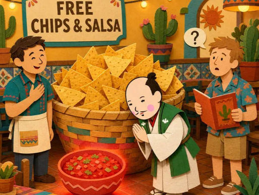 Illustration of a formally attired Japanese man in a Mexican restaurant