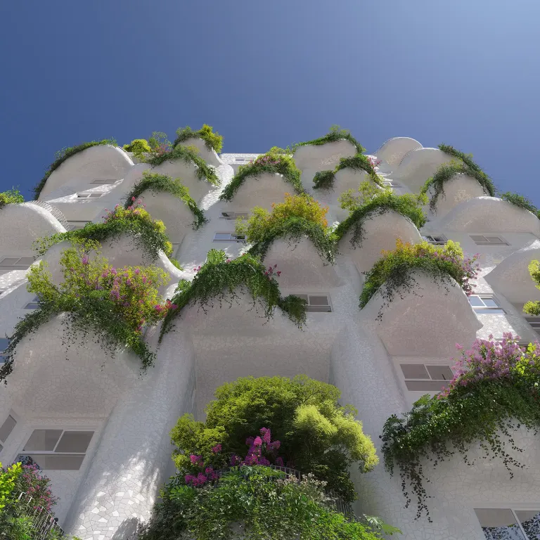 Foliage, seen from below, spilling over balconies