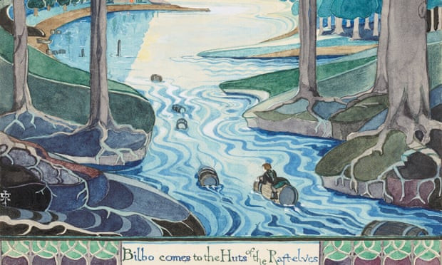 Tolkien’s illustration captioned ‘Bilbo comes to the Huts of the Raft-elves’.