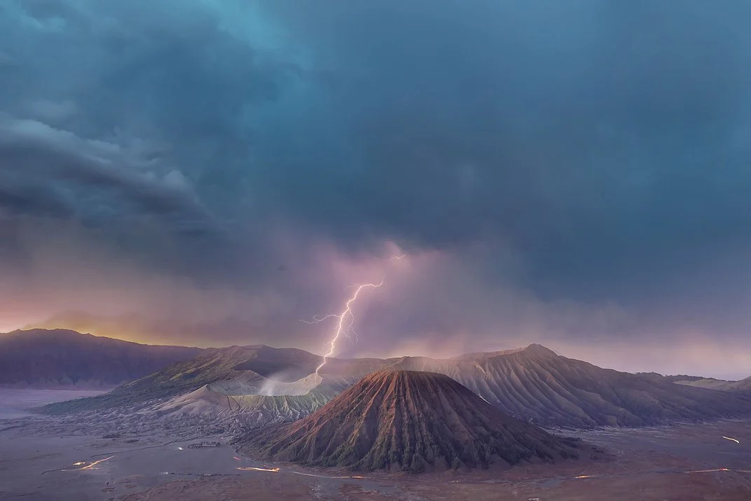 Lightning striking a mountain in Indonesia