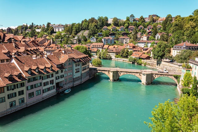 The Aare River flowing through Bern, Switzerland