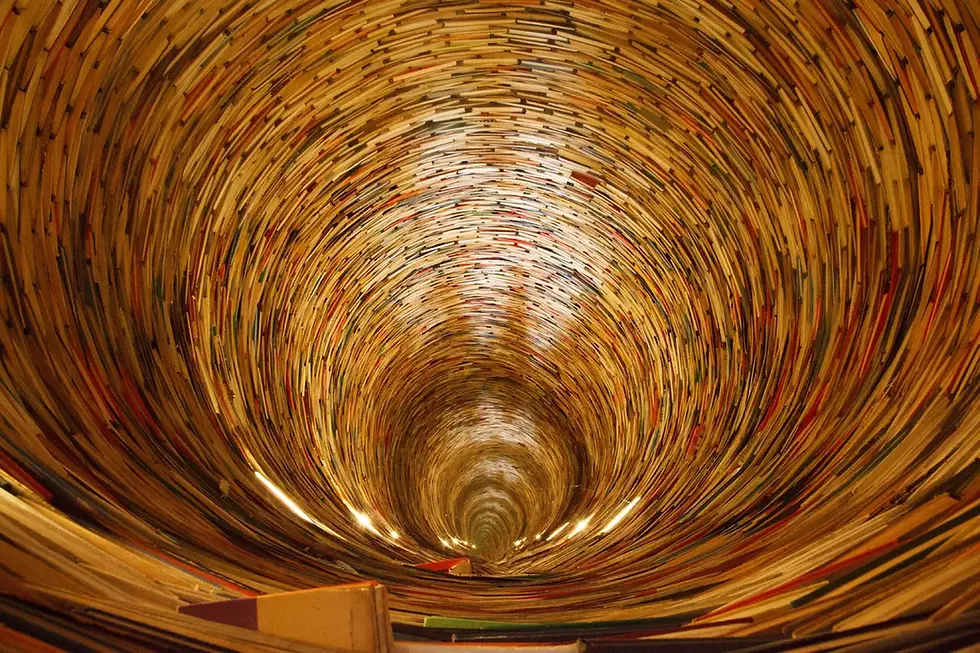Interior of 'Idiom' - a dizzying circular sculpture fashioned from books