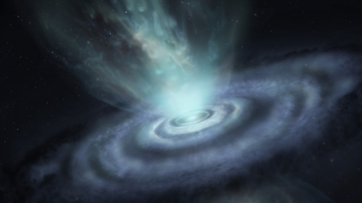 Circular swirling clouds in space, shooting out a giant plume