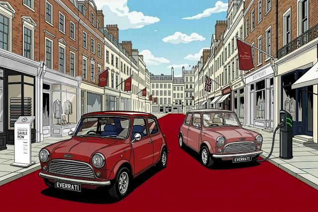 Drawing of an original mini plugged into a modern EV Charger