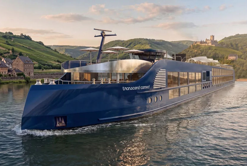 Dark blue exterior of new luxury river cruise ship