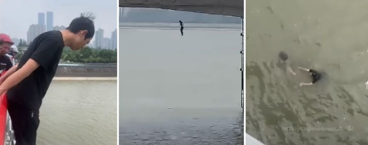 Man jumping off a bridge in China to save a drowning woman