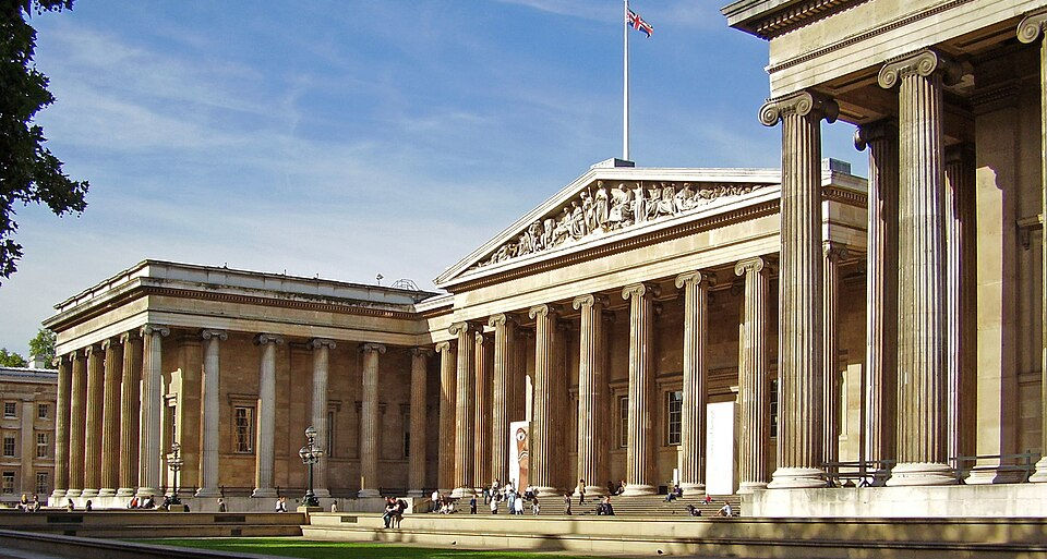 Classical facade of The British Museum, London