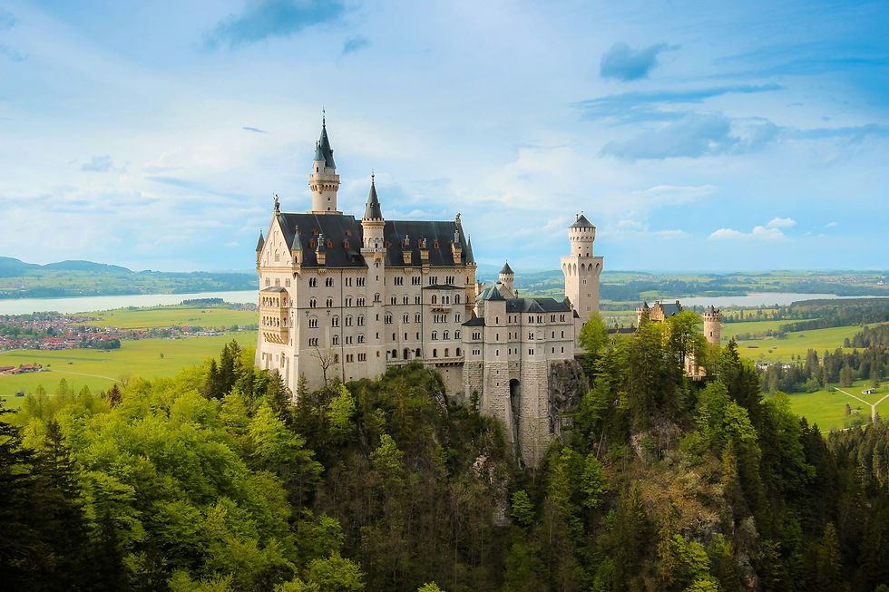 Neuschwanstein Castle perched on its hilltop