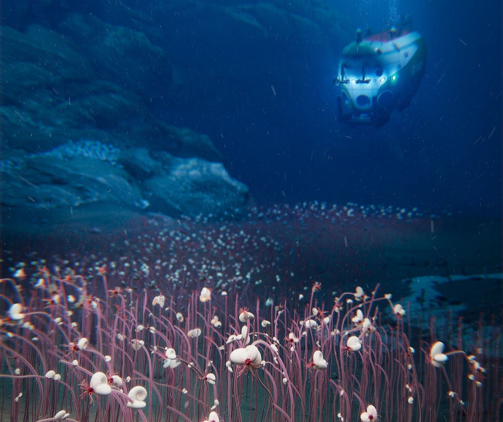 Composite image of a submersible and deep-sea marine life in the Mariana Trench