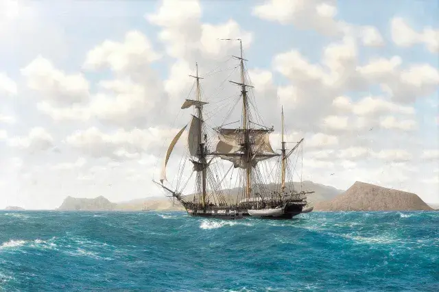 Painting of HMS Beagle sailing towards the Galápagos Islands