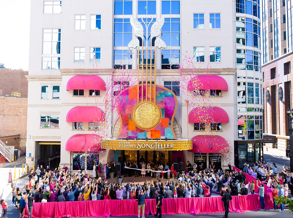 Opening ceremony crowd in front of Dolly Parton’s Nashville hotel, the SongTeller