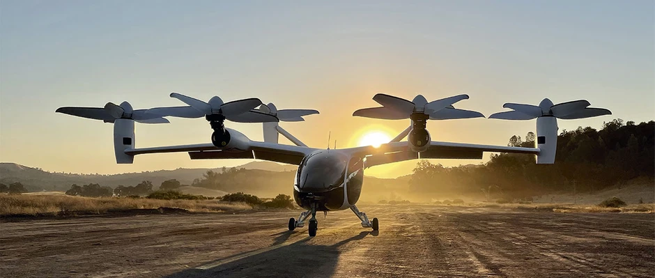Flying taxi with six rotary blades.