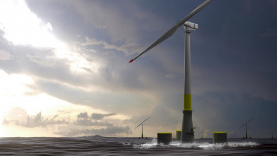 Render of a cyclone-proof wind turbine at sea.