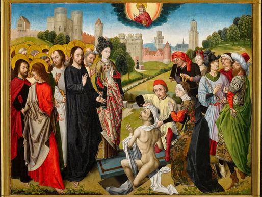 Central panel of an oil and gold triptych from an almshouse in Dorset, England