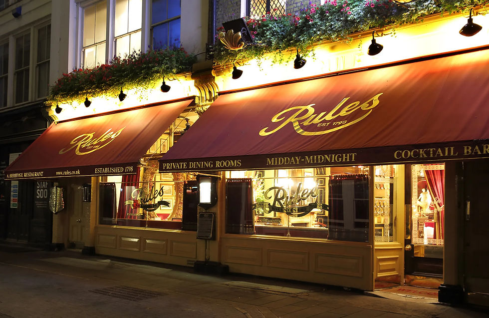 Exterior of Rules restaurant at night with its gold and burgundy coloured awning illuminated