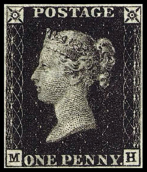 A 'Penny Black' postage stamp featuring a young Queen Victoria
